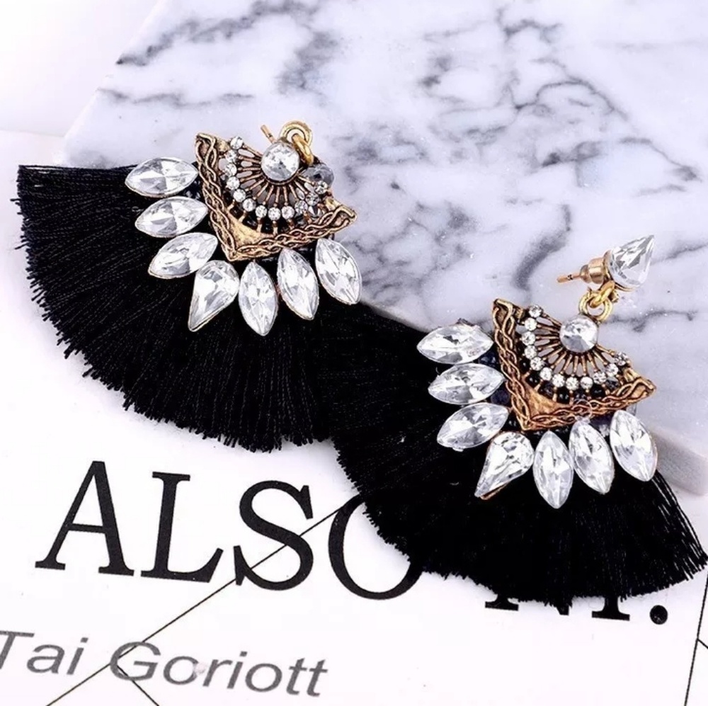 Boho Fan Rhinestone Black Tassel Earrings